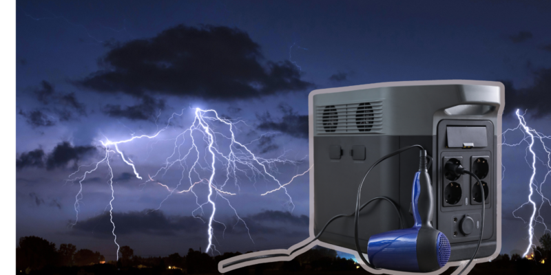 A composite image showing a portable power station superimposed over a dramatic photo of lightning during a thunderstorm, illustrating the importance of maintaining a battery backup system for emergency readiness.